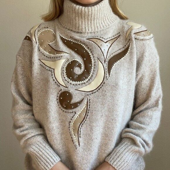 Vintage 80s Womens IB Diffusion Angora Silk Blend Geometric Beige Sweater Sz 2X - Picture 3 of 11
